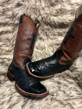 LARRY MAHAM MEN Black Ostrich & Leather Western Boots with Cross Inlay Sz 6 B
